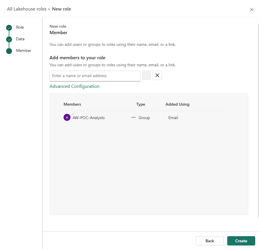 New role wizard — Member step: AW-POC-Analysts added as Group via Email